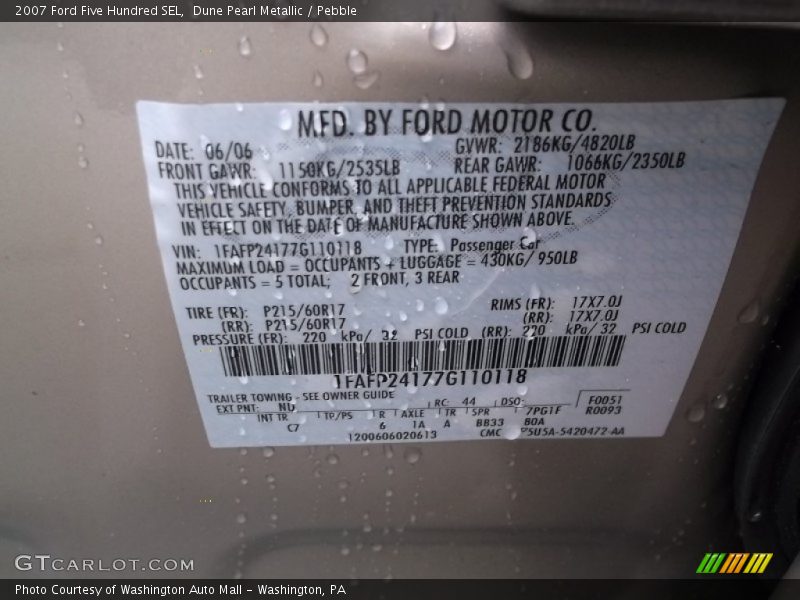 2007 Five Hundred SEL Dune Pearl Metallic Color Code ND