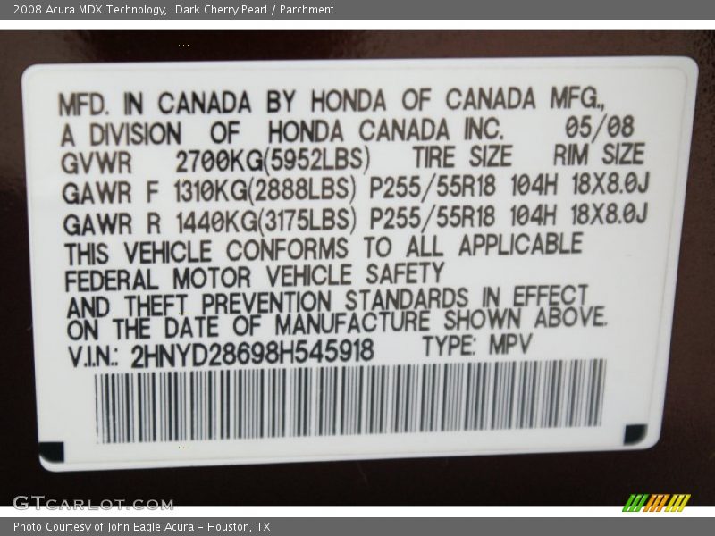 Dark Cherry Pearl / Parchment 2008 Acura MDX Technology