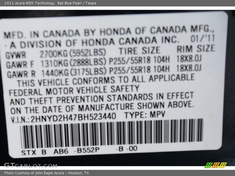 Bali Blue Pearl / Taupe 2011 Acura MDX Technology