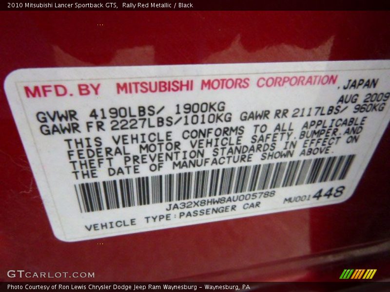 Rally Red Metallic / Black 2010 Mitsubishi Lancer Sportback GTS