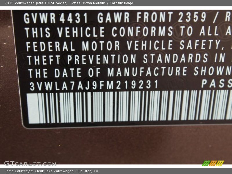 Toffee Brown Metallic / Cornsilk Beige 2015 Volkswagen Jetta TDI SE Sedan