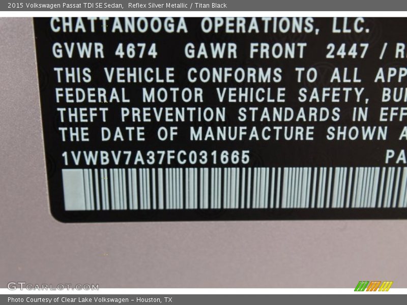 Reflex Silver Metallic / Titan Black 2015 Volkswagen Passat TDI SE Sedan