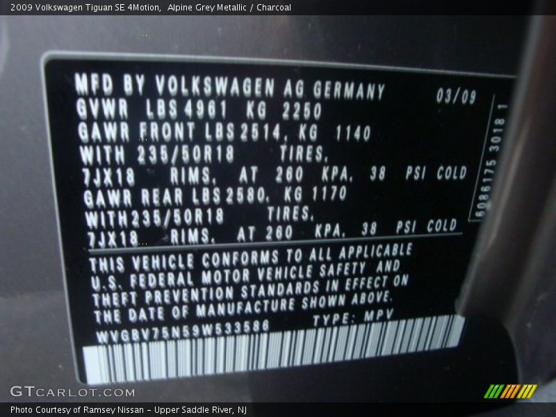Alpine Grey Metallic / Charcoal 2009 Volkswagen Tiguan SE 4Motion