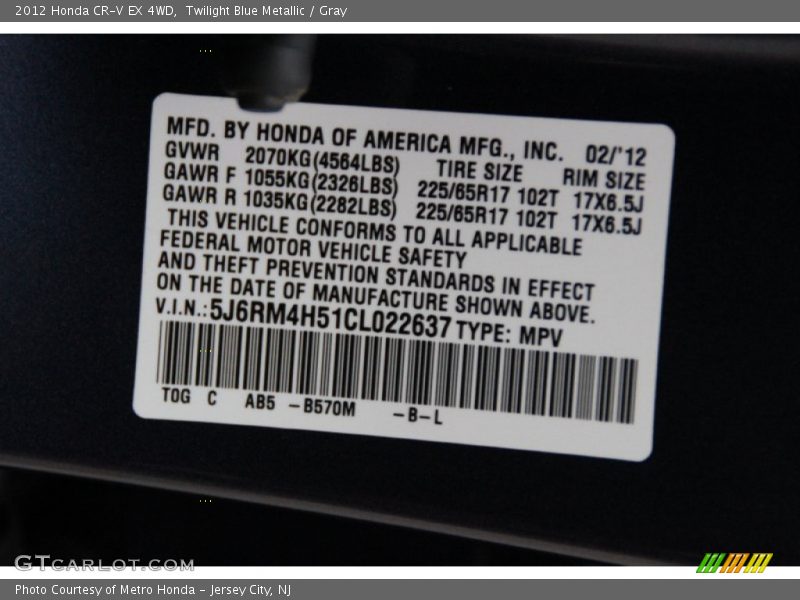 Twilight Blue Metallic / Gray 2012 Honda CR-V EX 4WD