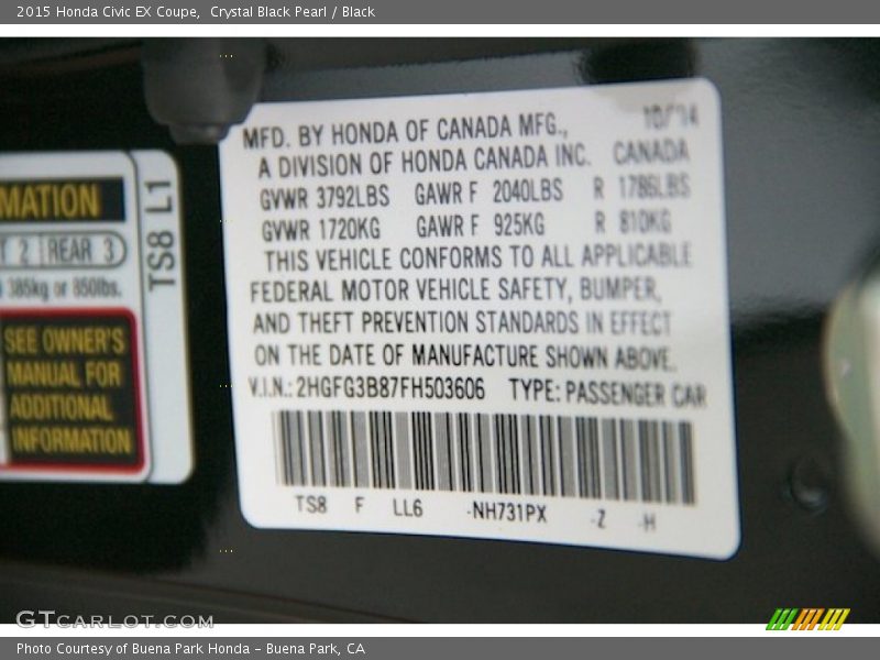 Crystal Black Pearl / Black 2015 Honda Civic EX Coupe