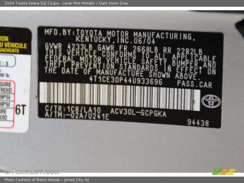 2004 Solara SLE Coupe Lunar Mist Metallic Color Code 1C8