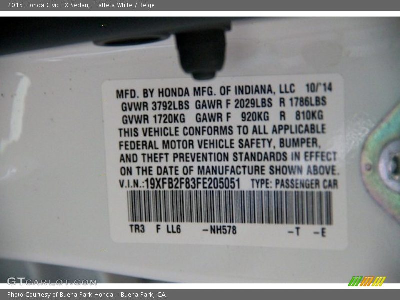 Taffeta White / Beige 2015 Honda Civic EX Sedan