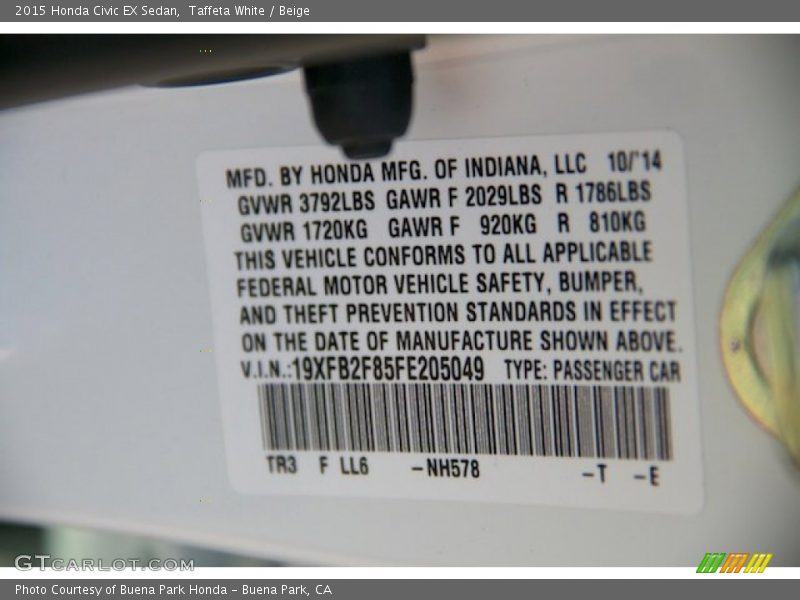 Taffeta White / Beige 2015 Honda Civic EX Sedan