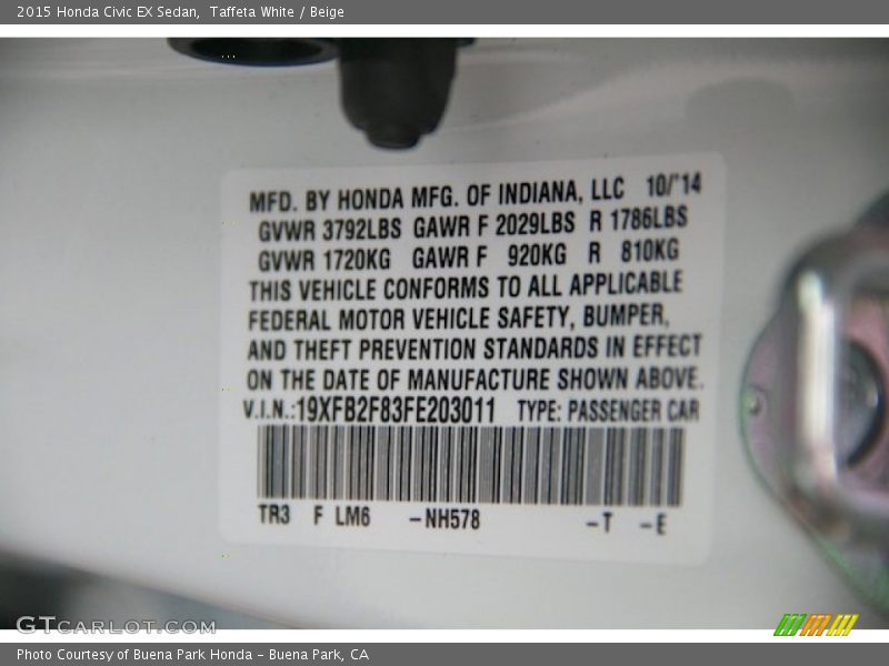 Taffeta White / Beige 2015 Honda Civic EX Sedan