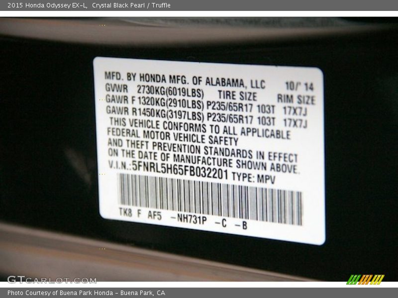 Crystal Black Pearl / Truffle 2015 Honda Odyssey EX-L