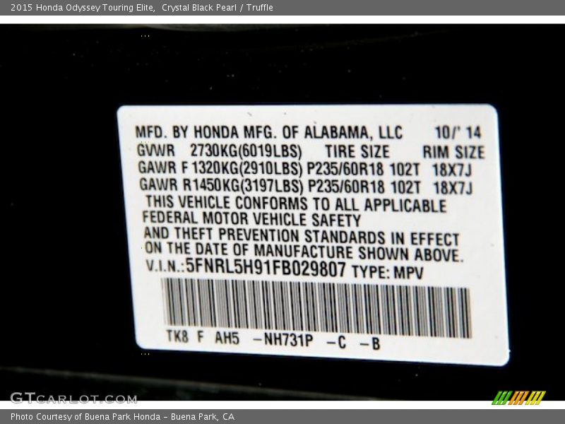 Crystal Black Pearl / Truffle 2015 Honda Odyssey Touring Elite