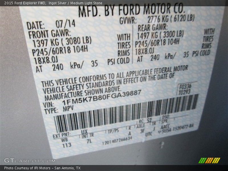 Ingot Silver / Medium Light Stone 2015 Ford Explorer FWD