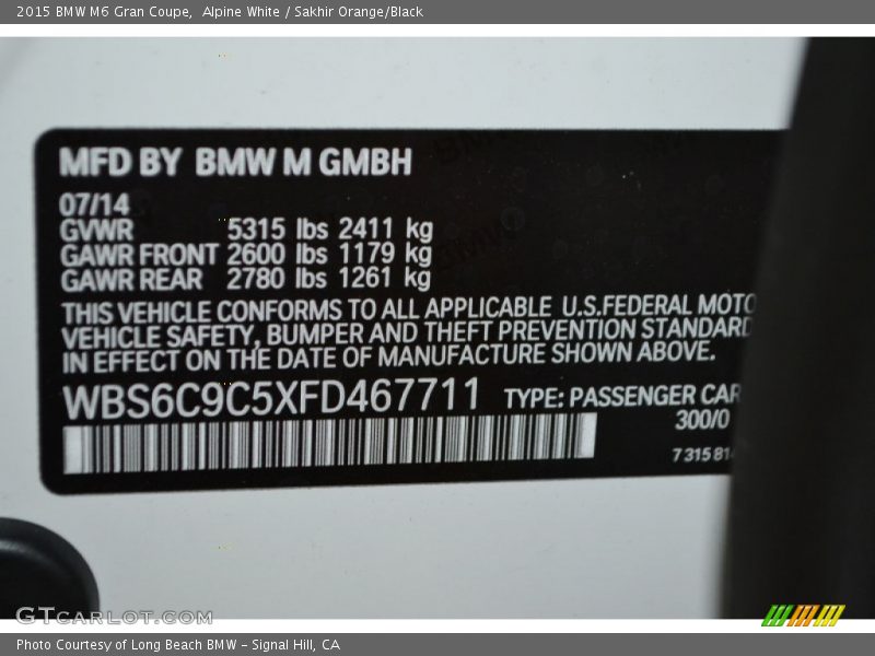 Alpine White / Sakhir Orange/Black 2015 BMW M6 Gran Coupe