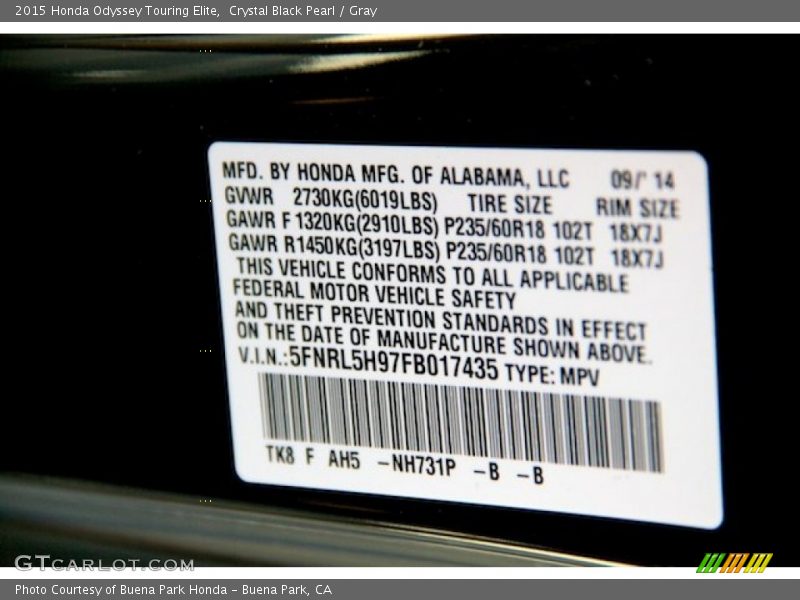 Crystal Black Pearl / Gray 2015 Honda Odyssey Touring Elite