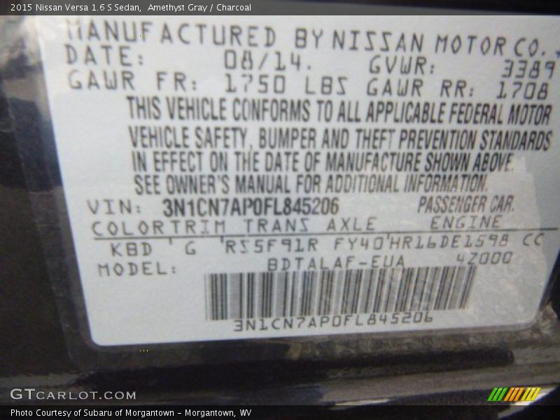 Amethyst Gray / Charcoal 2015 Nissan Versa 1.6 S Sedan