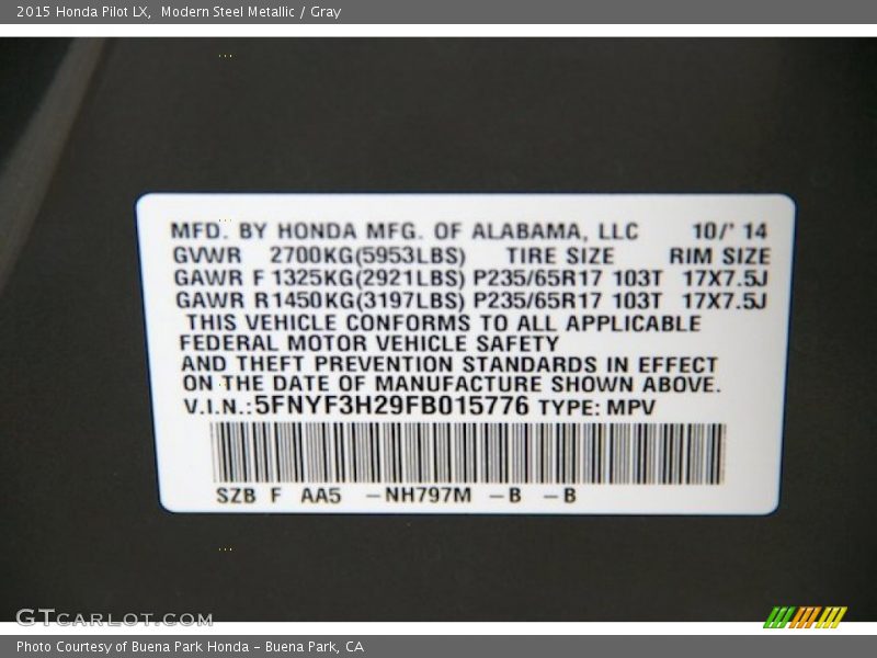 Modern Steel Metallic / Gray 2015 Honda Pilot LX