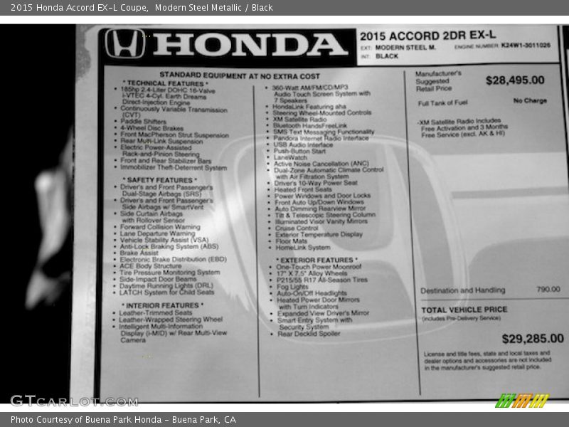 Modern Steel Metallic / Black 2015 Honda Accord EX-L Coupe