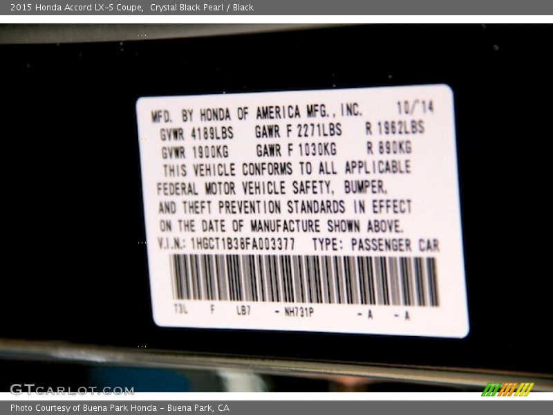 Crystal Black Pearl / Black 2015 Honda Accord LX-S Coupe