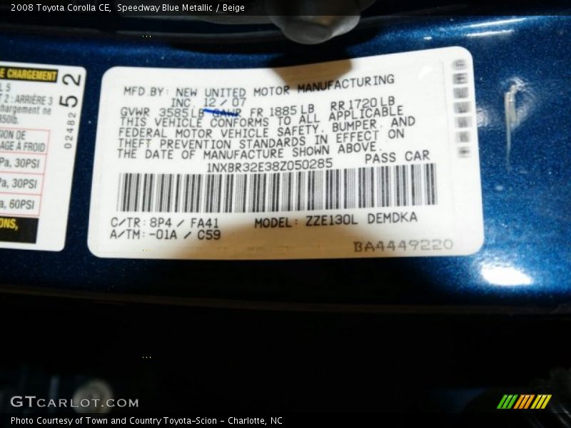 Speedway Blue Metallic / Beige 2008 Toyota Corolla CE