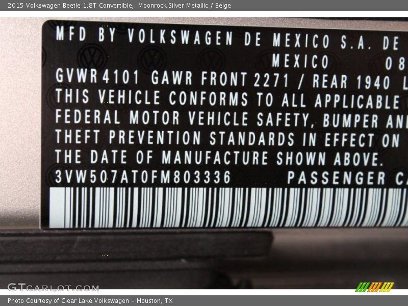 Moonrock Silver Metallic / Beige 2015 Volkswagen Beetle 1.8T Convertible