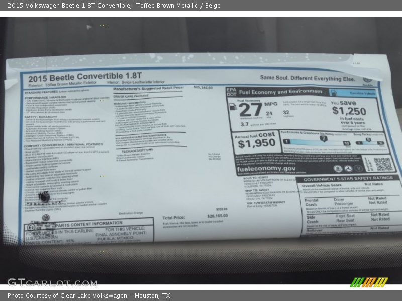  2015 Beetle 1.8T Convertible Window Sticker