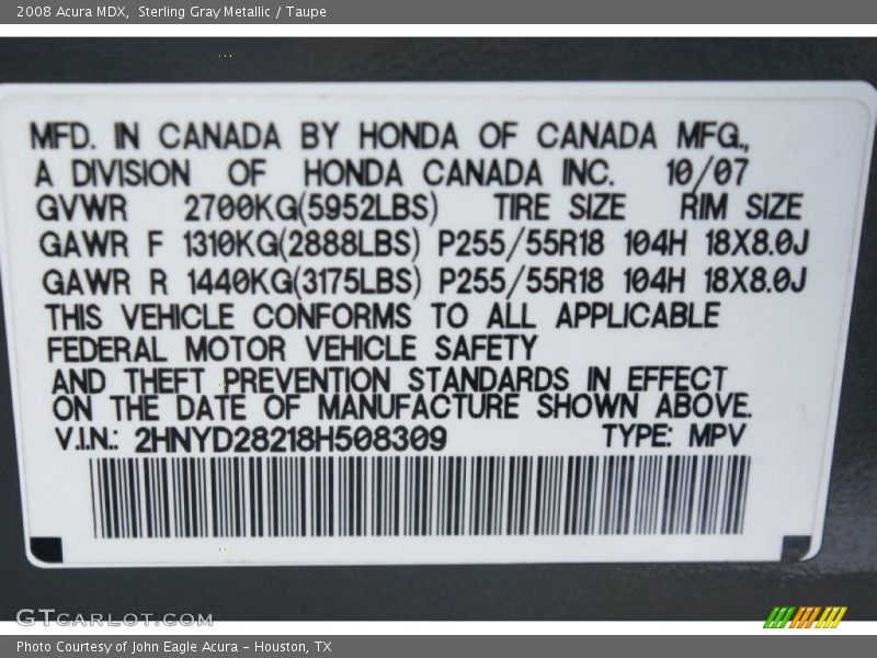 Sterling Gray Metallic / Taupe 2008 Acura MDX