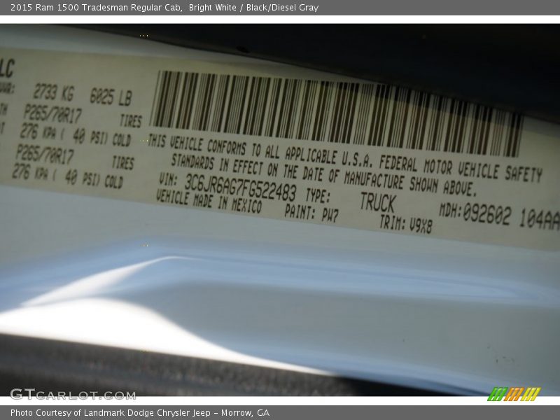 2015 1500 Tradesman Regular Cab Bright White Color Code PW7