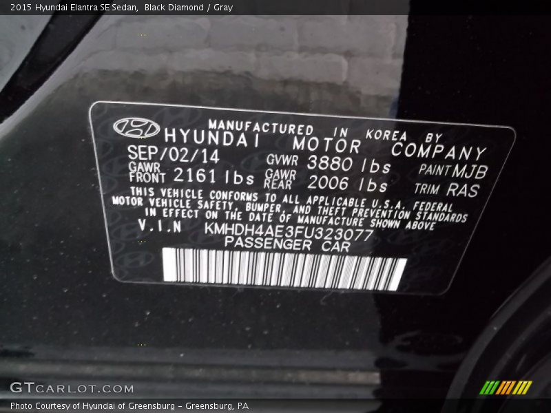 Black Diamond / Gray 2015 Hyundai Elantra SE Sedan