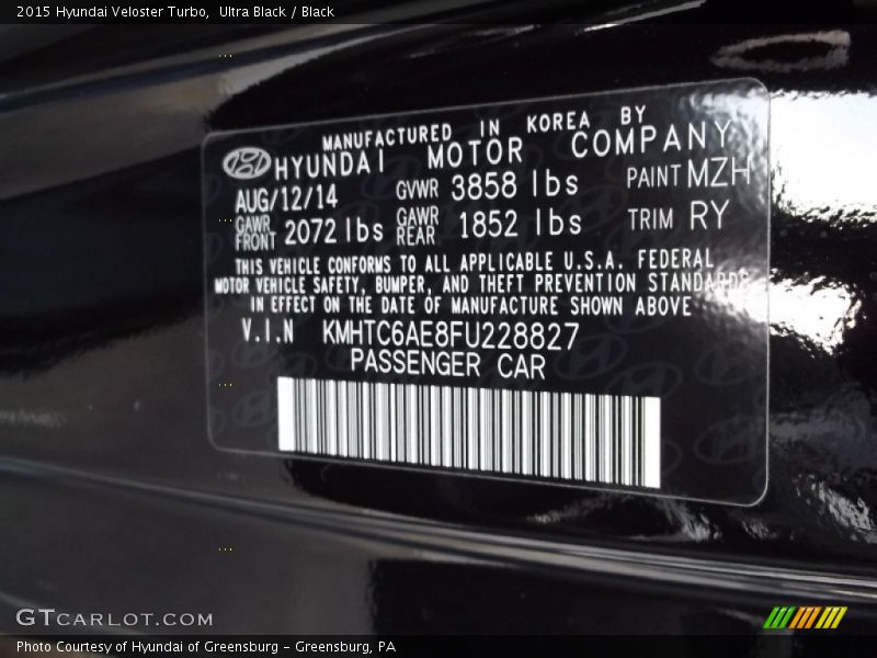 Ultra Black / Black 2015 Hyundai Veloster Turbo