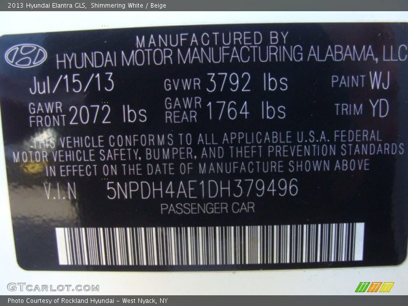 Shimmering White / Beige 2013 Hyundai Elantra GLS