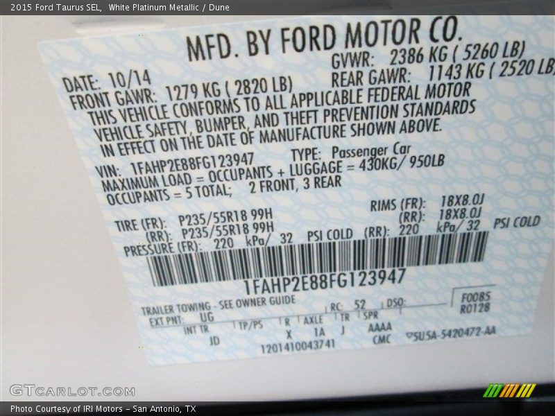 White Platinum Metallic / Dune 2015 Ford Taurus SEL