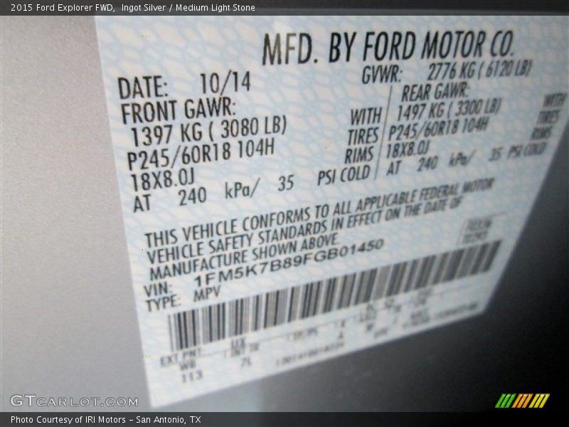 Ingot Silver / Medium Light Stone 2015 Ford Explorer FWD