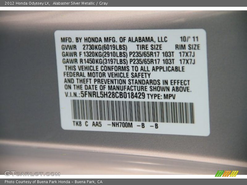 Alabaster Silver Metallic / Gray 2012 Honda Odyssey LX