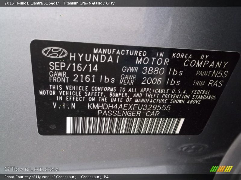 Titanium Gray Metallic / Gray 2015 Hyundai Elantra SE Sedan