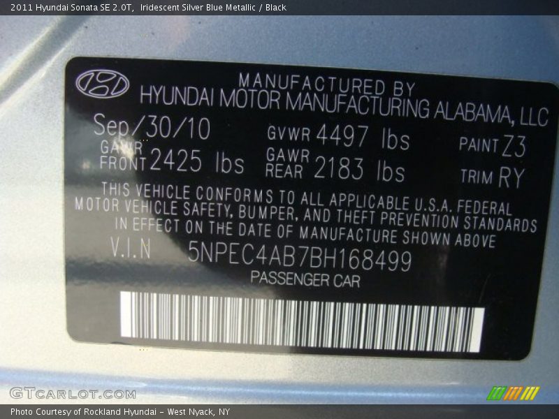 Iridescent Silver Blue Metallic / Black 2011 Hyundai Sonata SE 2.0T