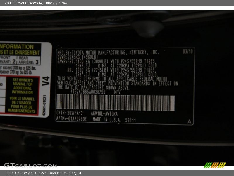 Black / Gray 2010 Toyota Venza I4