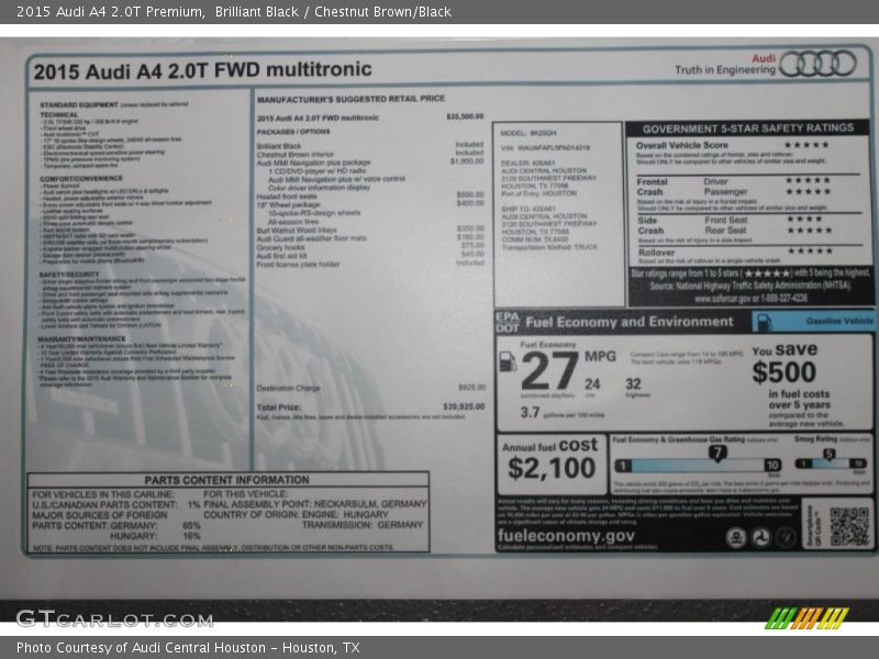 Brilliant Black / Chestnut Brown/Black 2015 Audi A4 2.0T Premium