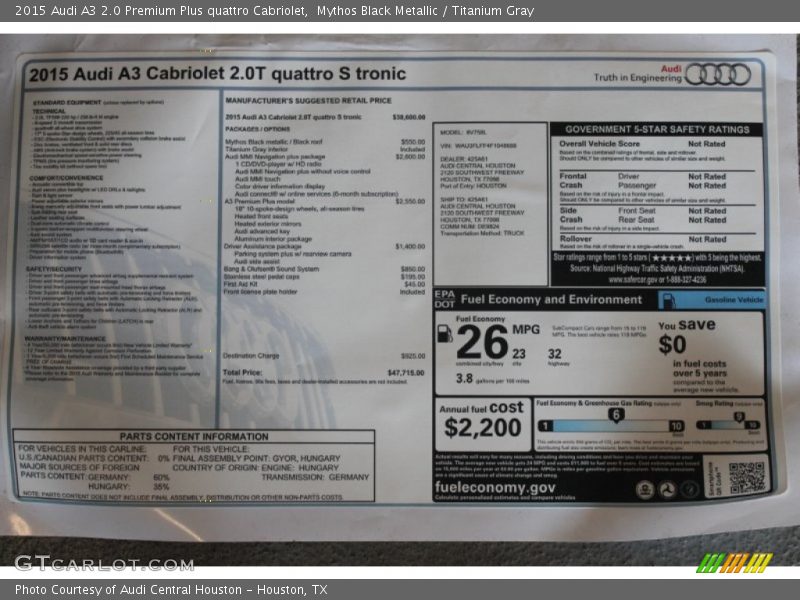 Mythos Black Metallic / Titanium Gray 2015 Audi A3 2.0 Premium Plus quattro Cabriolet