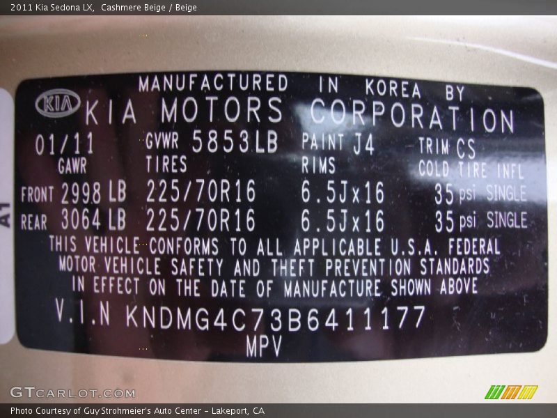 Cashmere Beige / Beige 2011 Kia Sedona LX