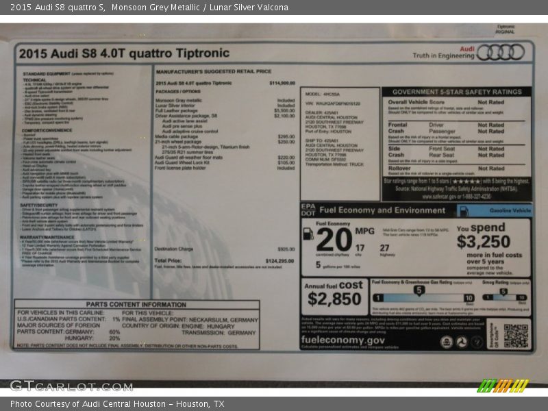 Monsoon Grey Metallic / Lunar Silver Valcona 2015 Audi S8 quattro S