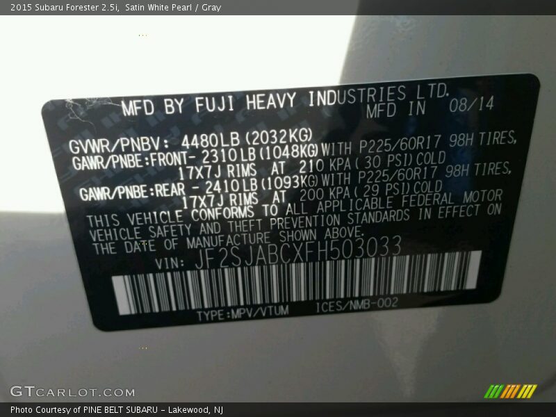 Satin White Pearl / Gray 2015 Subaru Forester 2.5i