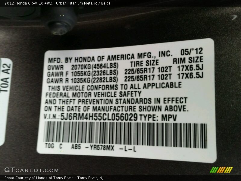 Urban Titanium Metallic / Beige 2012 Honda CR-V EX 4WD