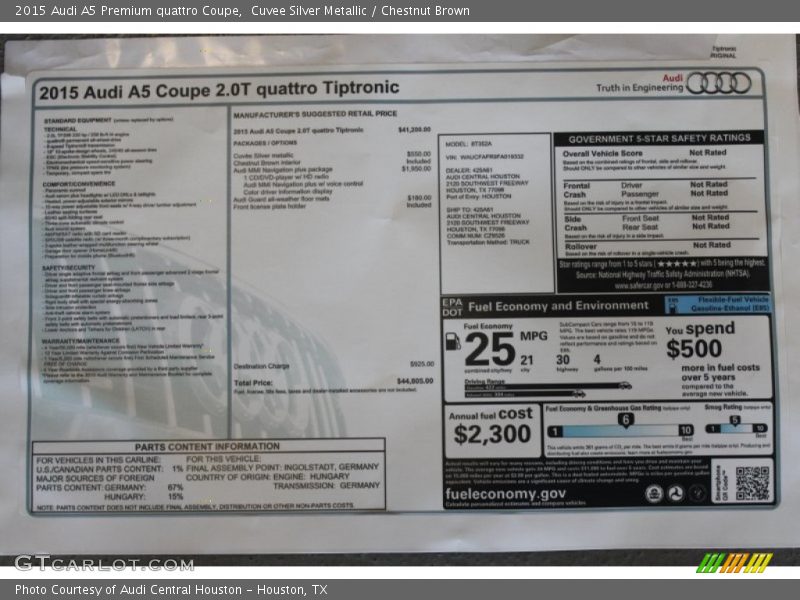  2015 A5 Premium quattro Coupe Window Sticker