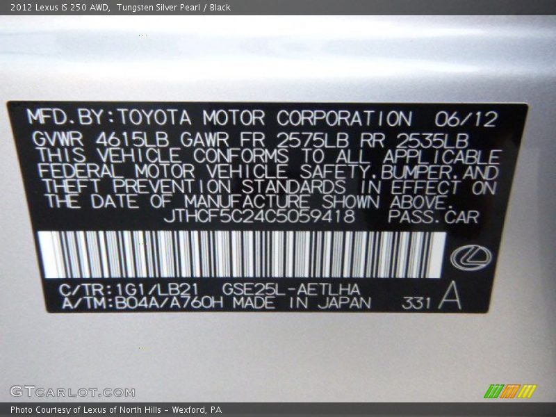 Tungsten Silver Pearl / Black 2012 Lexus IS 250 AWD