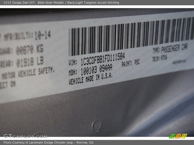 Billet Silver Metallic / Black/Light Tungsten Accent Stitching 2015 Dodge Dart SXT