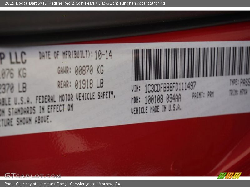 Redline Red 2 Coat Pearl / Black/Light Tungsten Accent Stitching 2015 Dodge Dart SXT