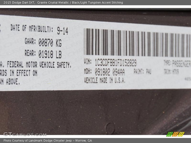Granite Crystal Metallic / Black/Light Tungsten Accent Stitching 2015 Dodge Dart SXT
