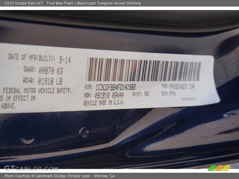 True Blue Pearl / Black/Light Tungsten Accent Stitching 2015 Dodge Dart SXT