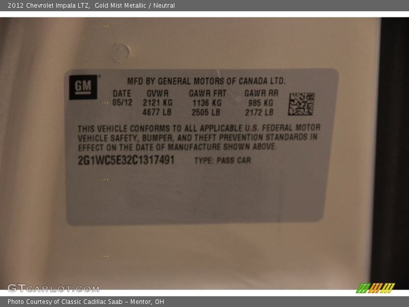 Gold Mist Metallic / Neutral 2012 Chevrolet Impala LTZ