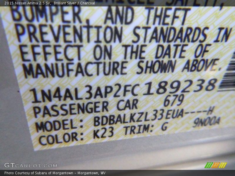 Brilliant Silver / Charcoal 2015 Nissan Altima 2.5 SV
